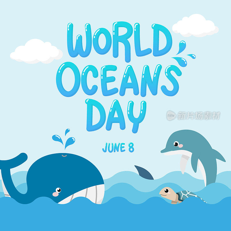 whale , dolphin , shark and turtle in the ocean with text World Oceans Day. vector of marine life for celebration dedicated to help protect, and conserve world oceans, water, ecosystem
